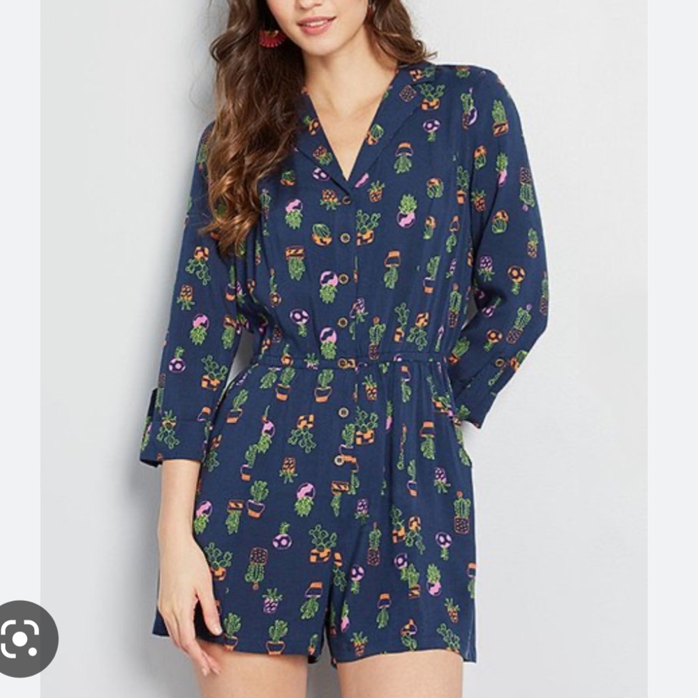 ModCloth | Navy Cactus So Field With Joy V-Neck Romper -